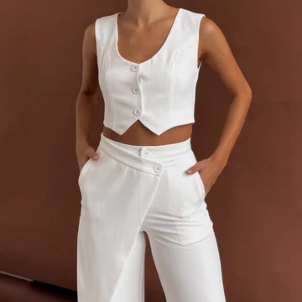 Solid Asymmetrical Straight Leg Pants Set (White) - image 1